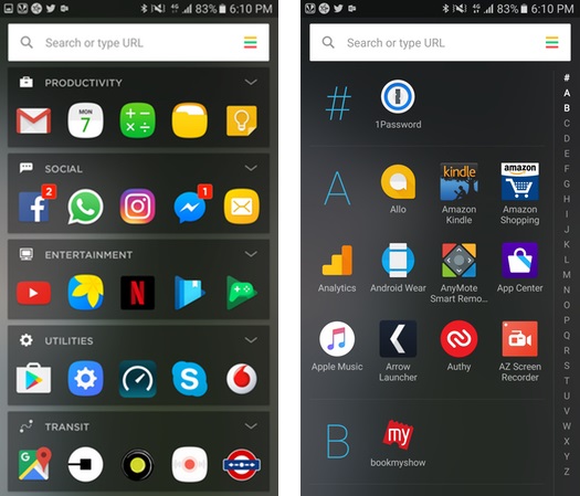 Пример сортировки приложений в оболочке Yahoo Aviate Launcher