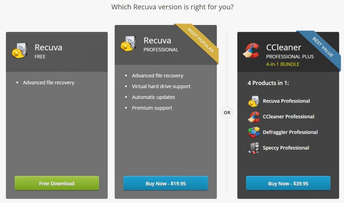 Выбор бесплатной версии Recuva