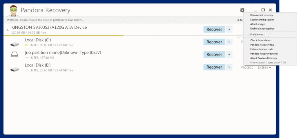 Окно программы Pandora Recovery