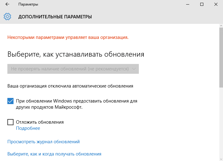 Окно дополнительных параметров при отключенных обновлениях