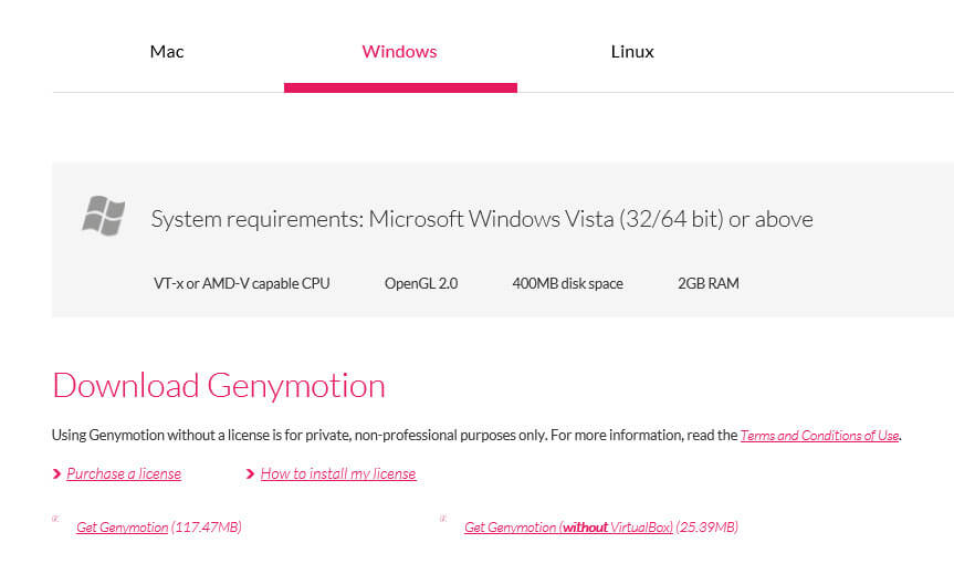 Выбираем нужный нам пункт Get Genymotion(without VirtualBox) или Get Genymotion.