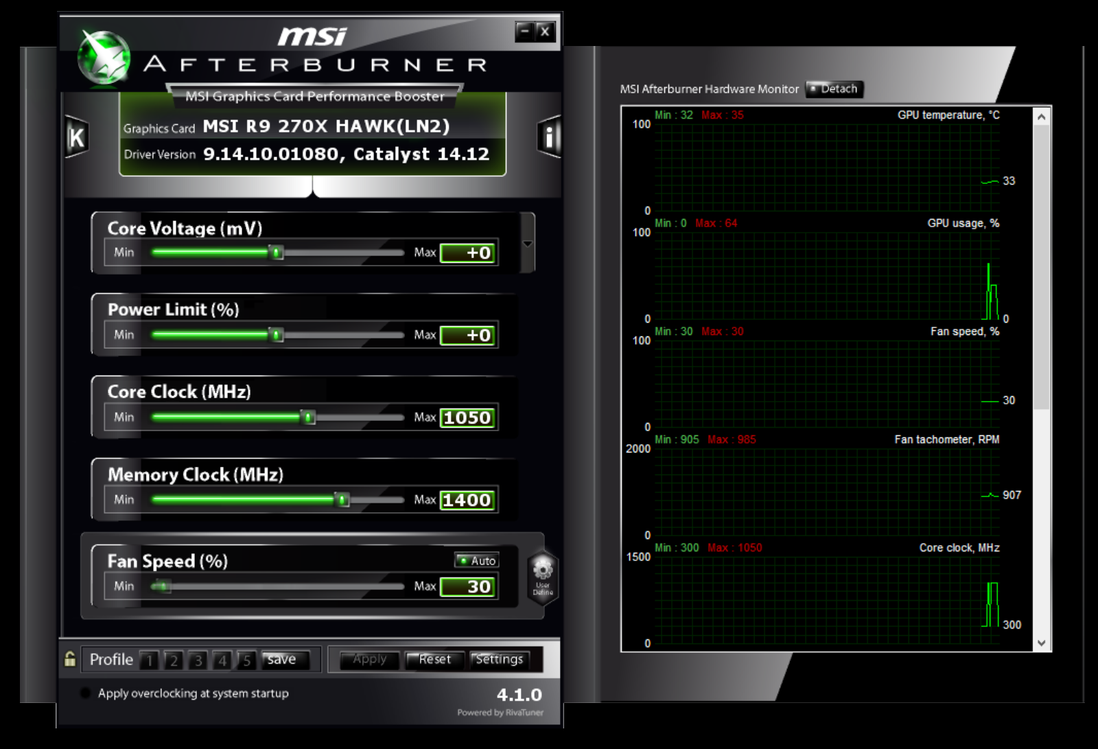 Рабочее окно программы MSI Afterburner
