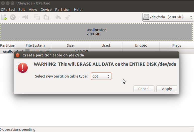 Меню Devices, пункт Create Partition Table