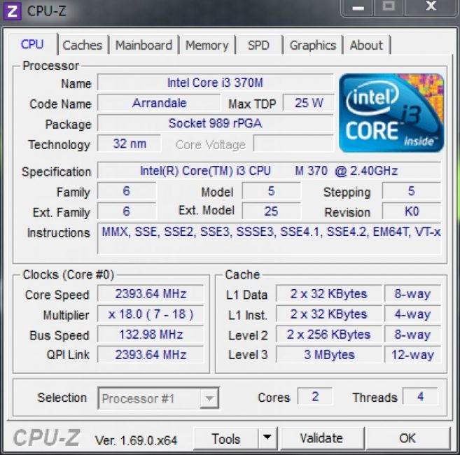 Рабочее окно программы CPU-Z