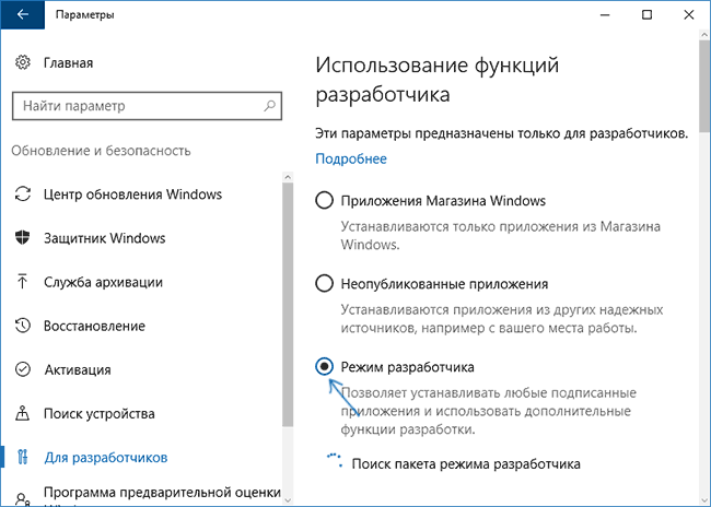 Включение режима разработчика