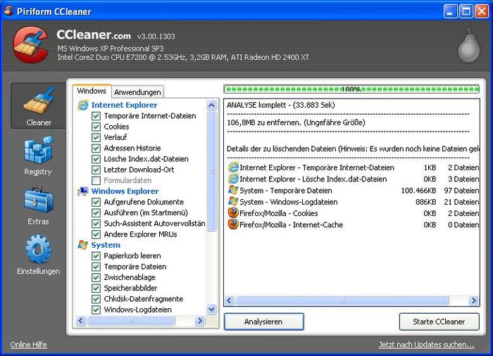 Интерфейс программы CCCleaner