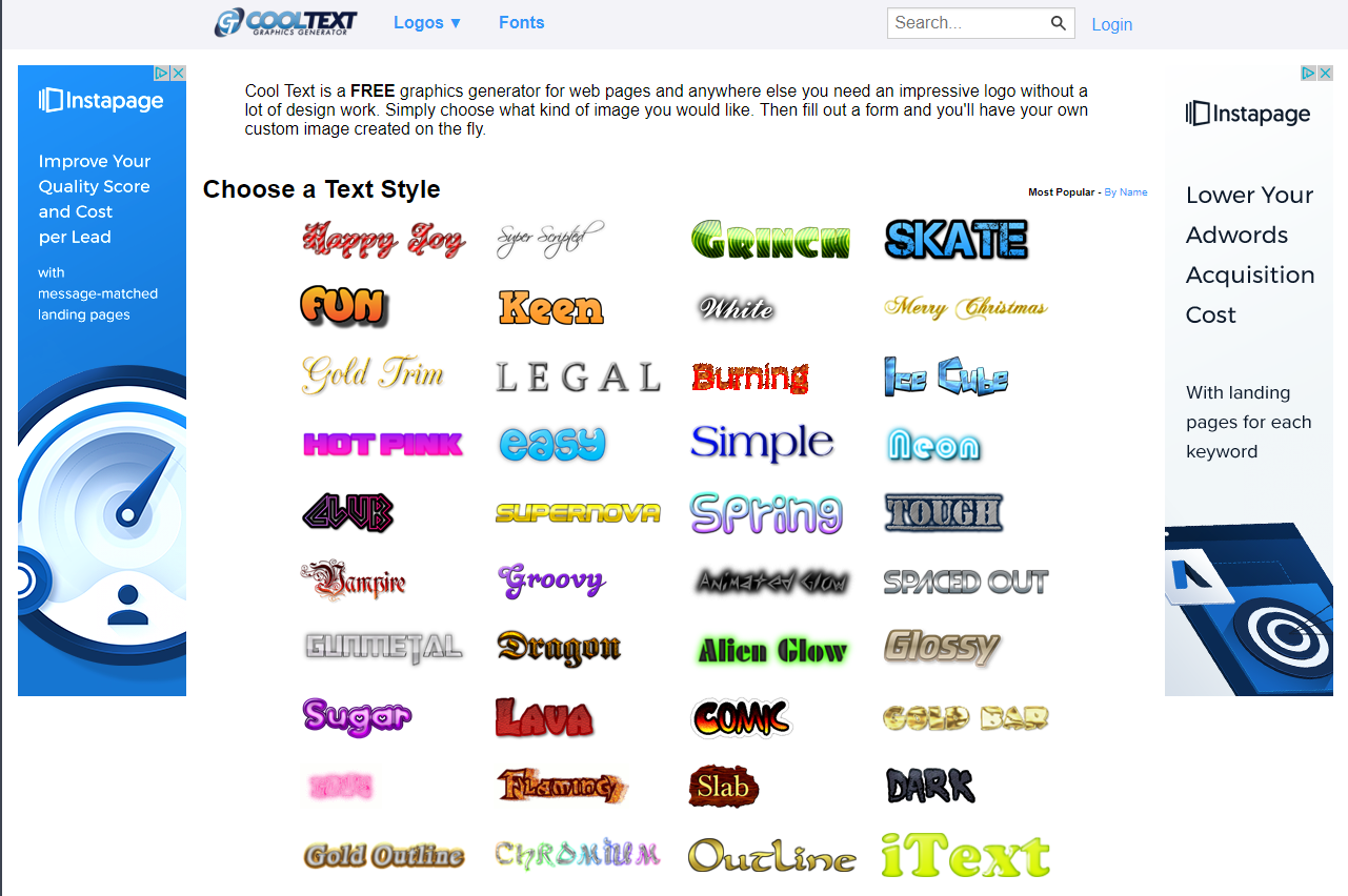 Главная страница сайта Cooltext.com