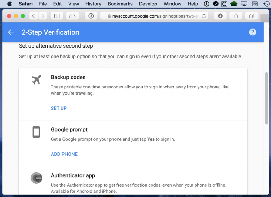 Настройки верификации с помощью Google Prompt